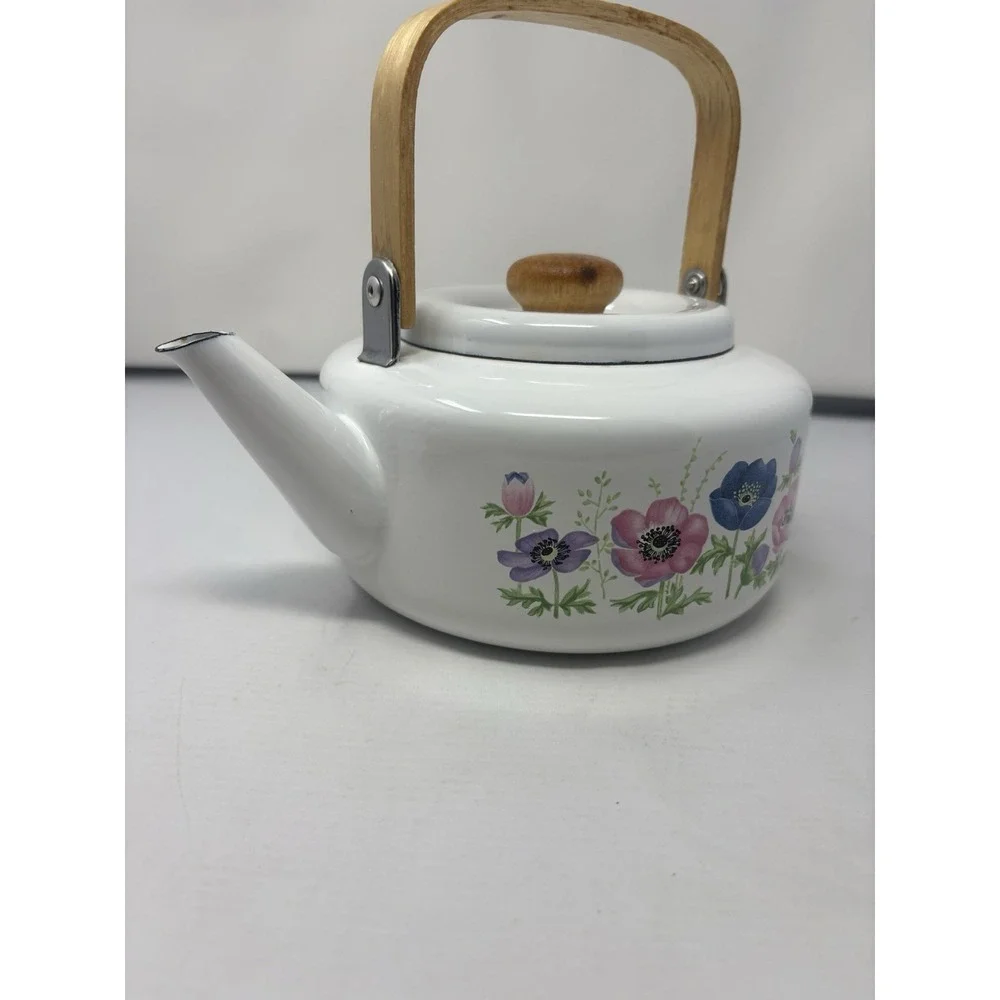 Vintage National Housewares Metal Teapot Kettle Floral Garden Bamboo 1985 Granny